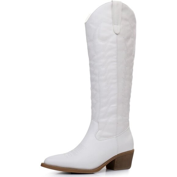 Women's White Knee High Long Pointed Toe With Zip Western Cowboy Boots - Picture 1 of 7